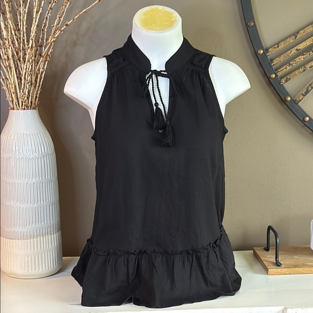 CROWN & IVY Linen Blend Black Tiered Babydoll Top Mandarin Collar Size XS